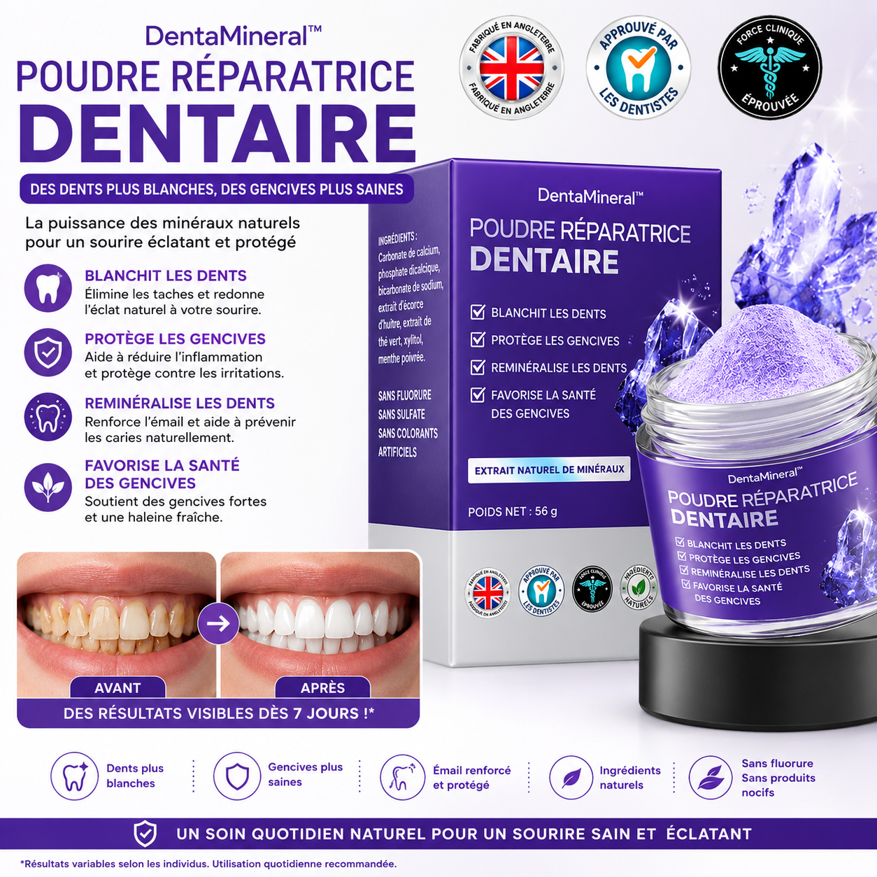 DentaMineral™ Poudre Réparatrice Dentaire | Réparez vos dents abîmées et supprimez la sensibilité dès 7 jours !