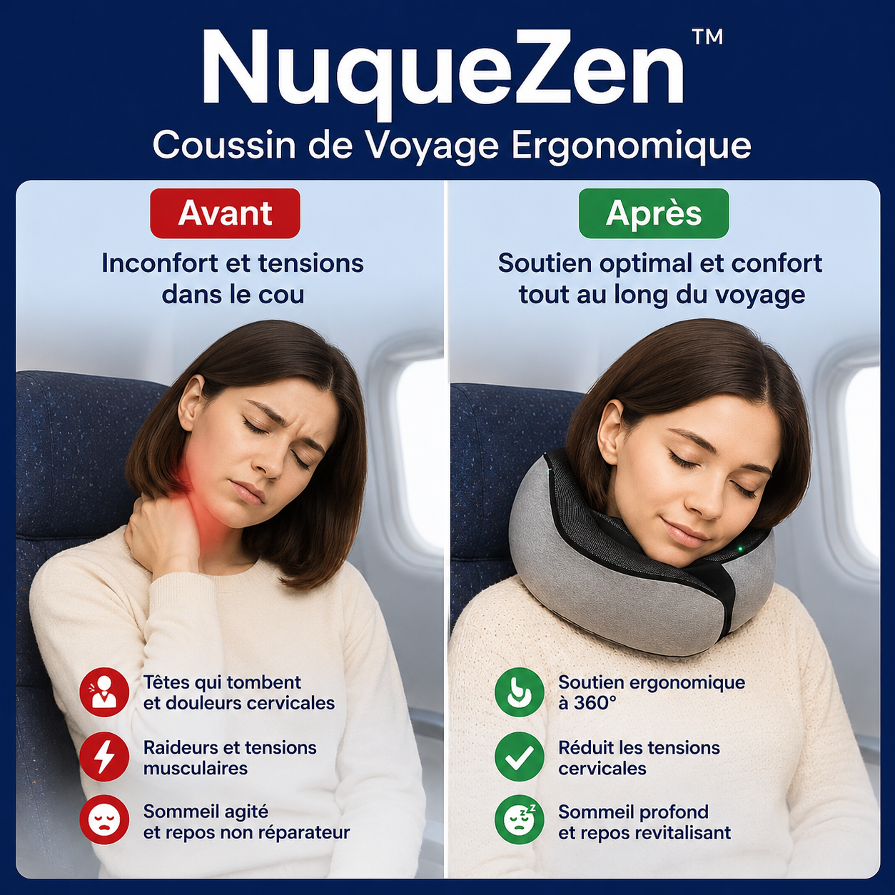NuqueZen™ Coussin de Voyage Ergonomique | Soulage votre nuque et améliore votre confort en un instant!