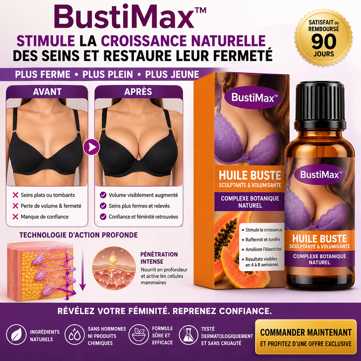 BustiMax™ Huile Volumatrice Poitrine | Gagnez en volume et liftez votre poitrine en 21 jours, sans chirurgie ni implants !