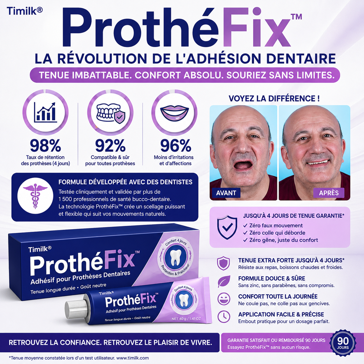 ProthéFix™ Gel Fixateur Longue Durée | Fixe votre dentier pendant 4 jours, mangez de tout sans résidus ni zinc !