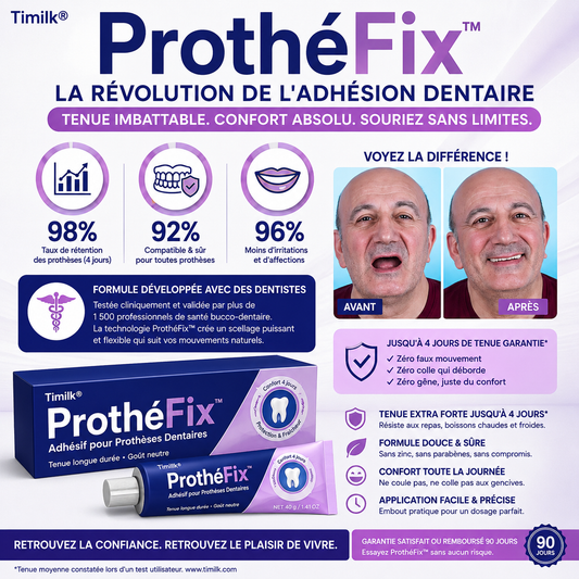ProthéFix™ Gel Fixateur Longue Durée | Fixe votre dentier pendant 4 jours, mangez de tout sans résidus ni zinc !