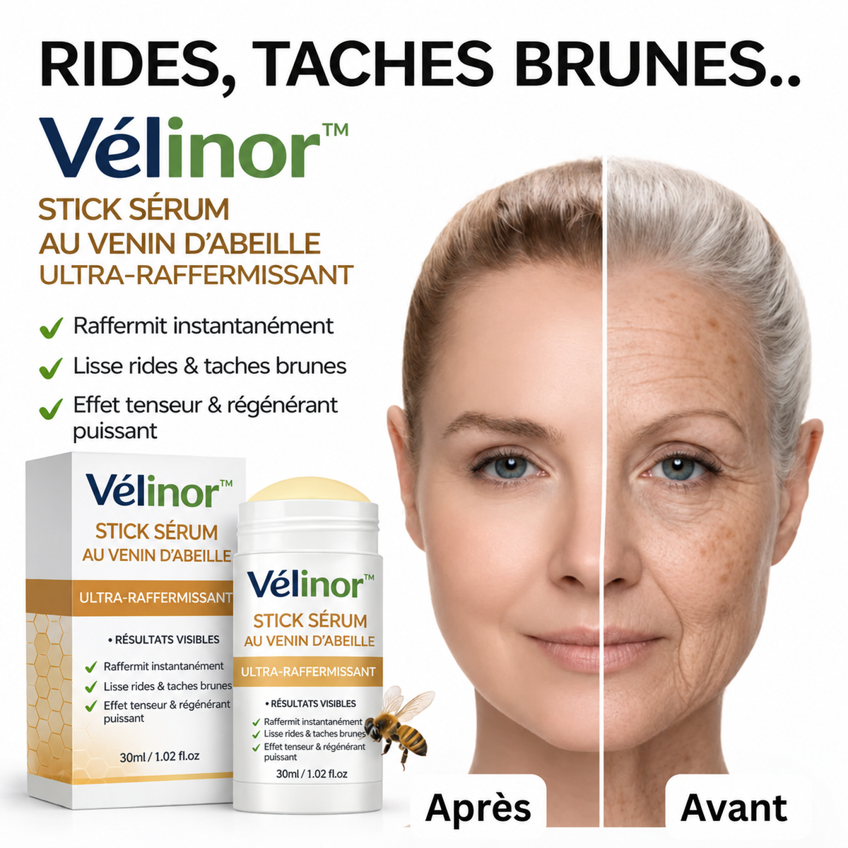 Vélinor™ Stick Sérum au Venin d’Abeille Ultra-Raffermissant | Efface les rides en 5 minutes chrono !