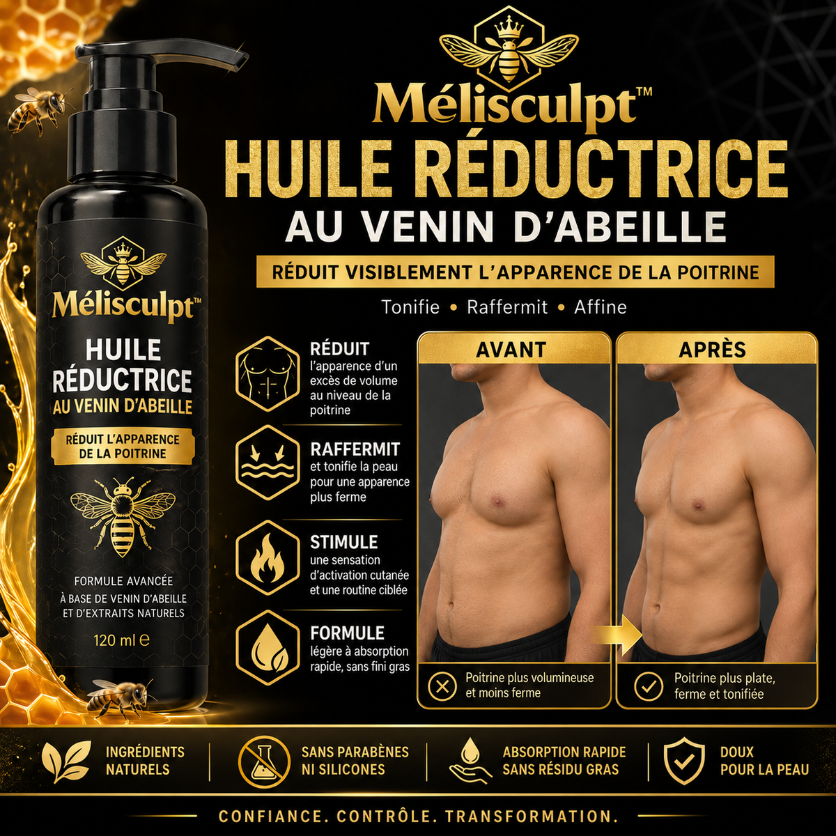 Mélisculpt™ Huile Réductrice au Venin d’Abeille | Élimine les seins masculins en 7 jours chrono!