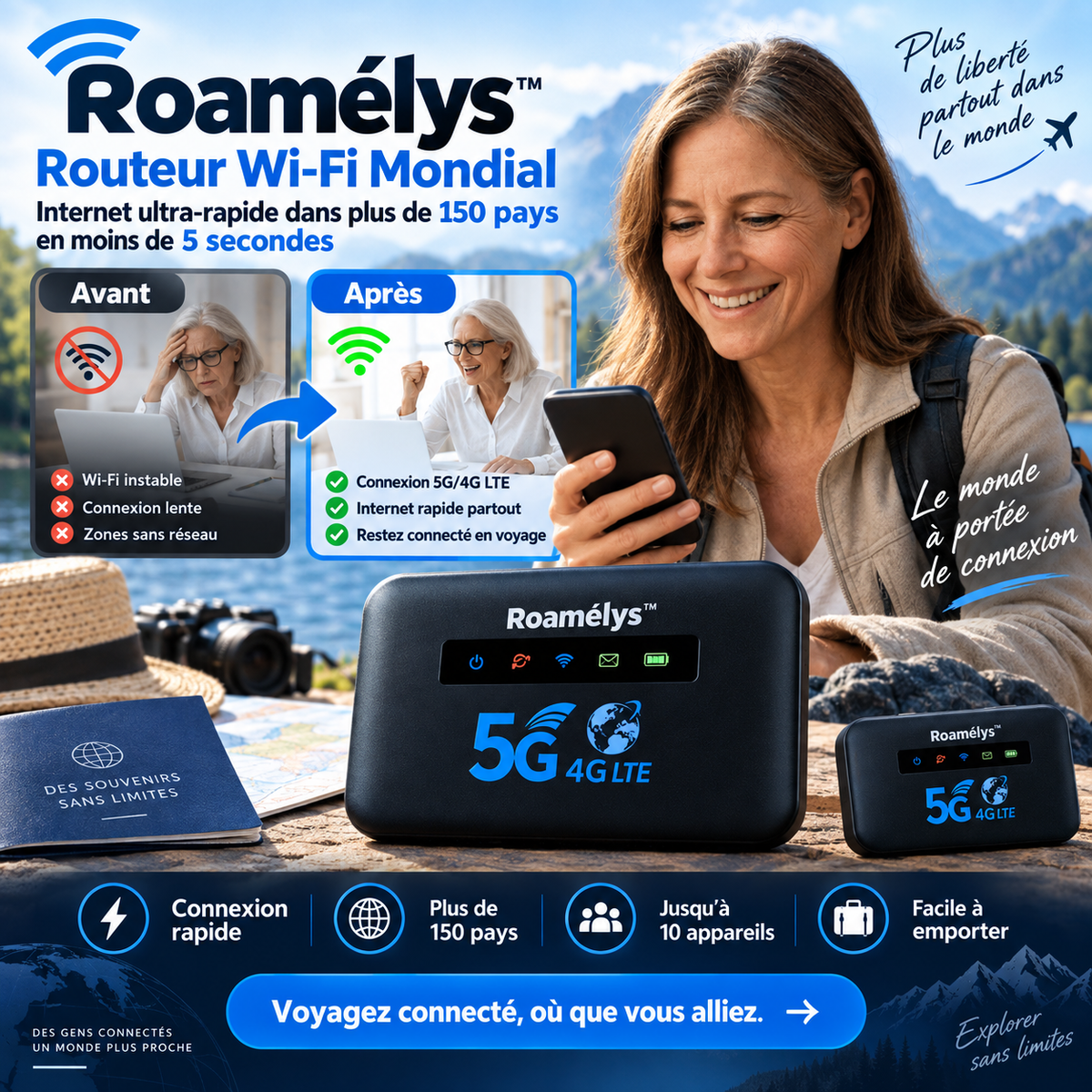 Roamélys™ Routeur Wi-Fi Mondial | Débloquez un internet ultra-rapide dans plus de 150 pays en moins de 5 secondes !
