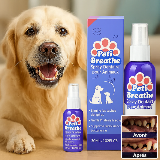 PetiBreathe™ Spray Dentaire pour Animaux | Élimine la mauvaise haleine et le tartre en 10 secondes, sans brossage!