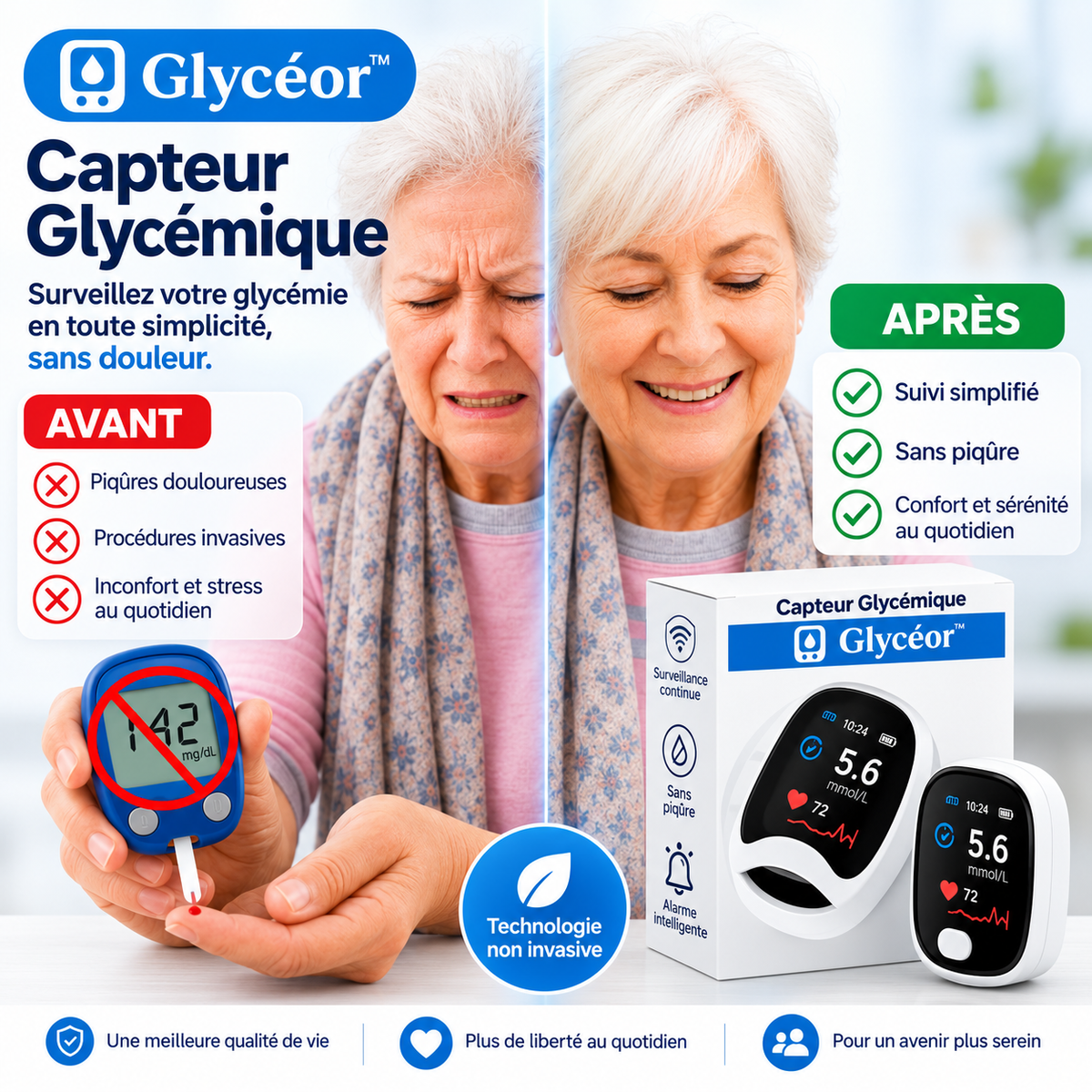 Glycéor™ Capteur Glycémique | Contrôlez votre glycémie en 5 secondes, sans piqûres, sans douleur !