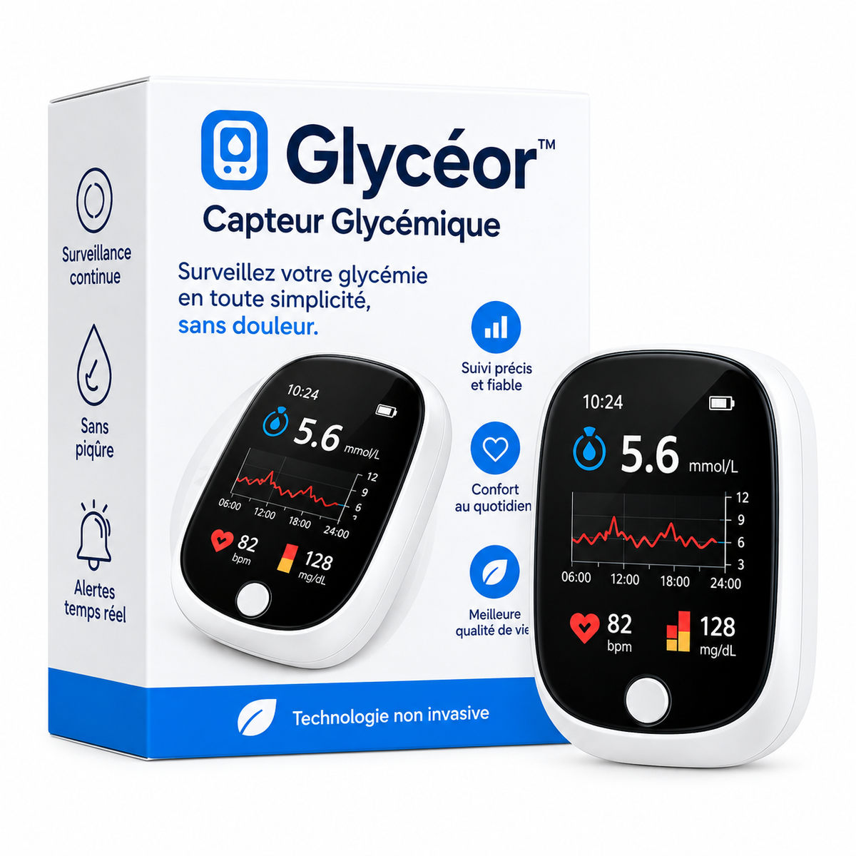 Glycéor™ Capteur Glycémique | Contrôlez votre glycémie en 5 secondes, sans piqûres, sans douleur !