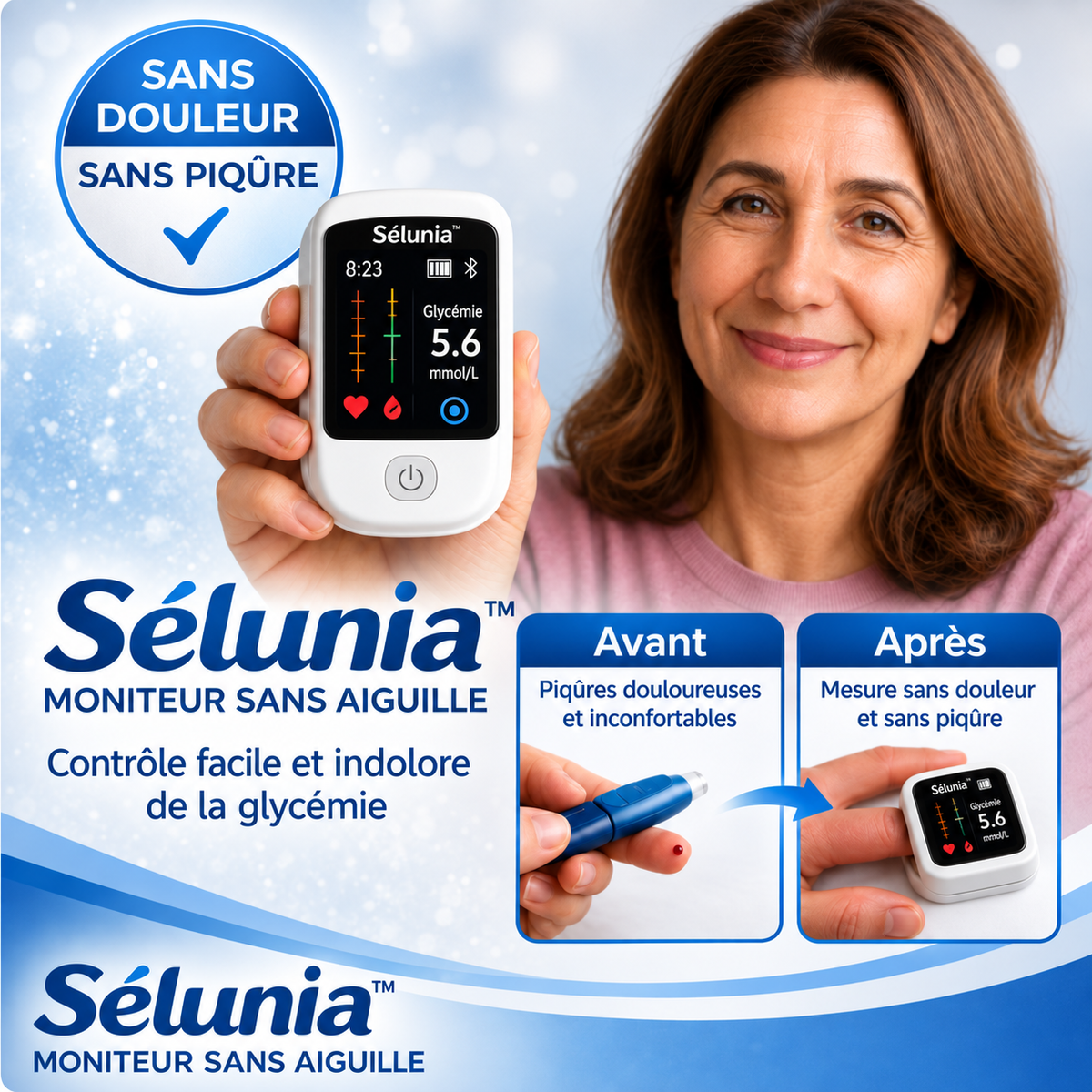 Sélunia™ Moniteur Sans Aiguille | Oubliez les piqûres, posez votre doigt et contrôlez votre glycémie en 5 secondes sans douleur !