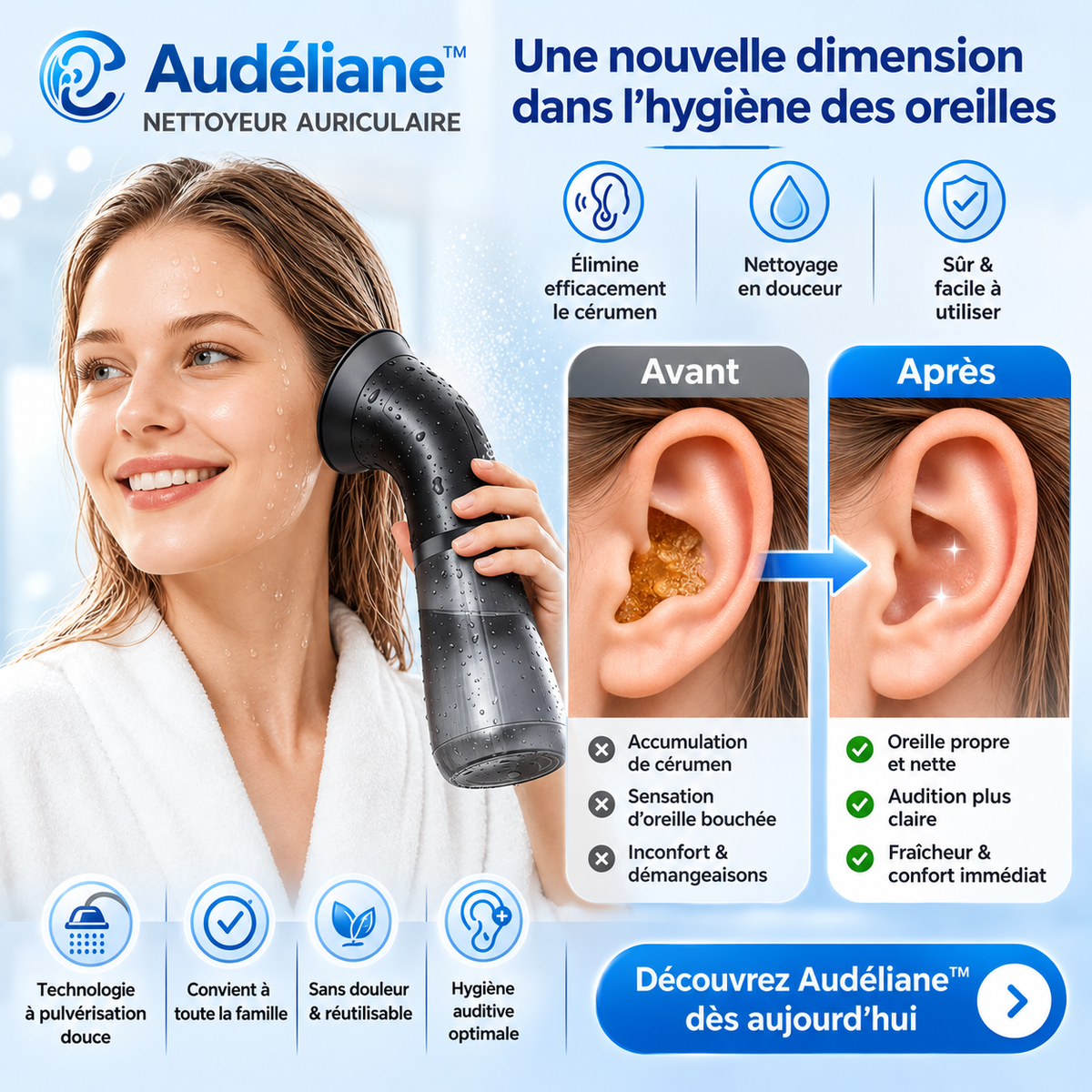Audéliane™ Nettoyeur Auriculaire | Éliminez le cérumen en profondeur en quelques minutes et retrouvez une audition claire !