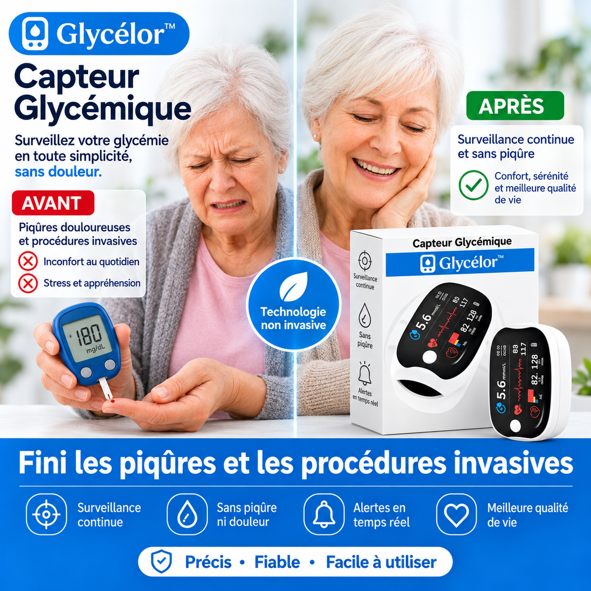 Glycélor™ Capteur Glycémique | Contrôlez votre glycémie en 5 secondes, sans piqûres, sans douleur !
