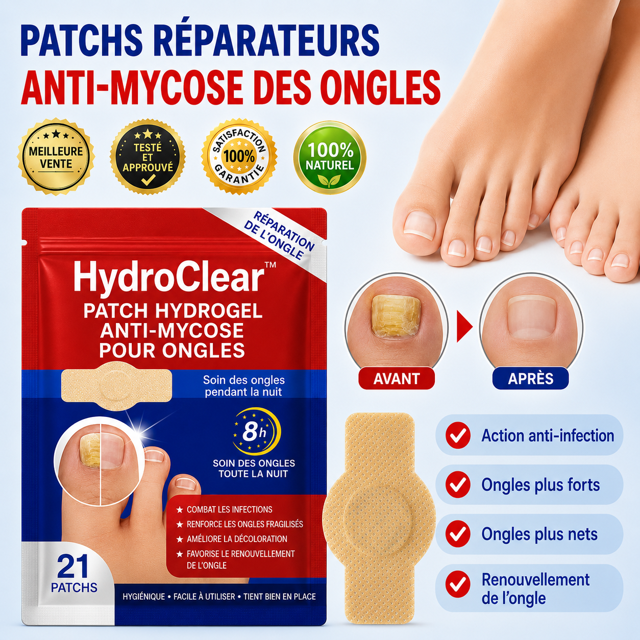 HydroClear™ Patch Hydrogel Anti-Mycose pour Ongles | Effacez l’aspect jaune, épais et abîmé pendant votre sommeil !