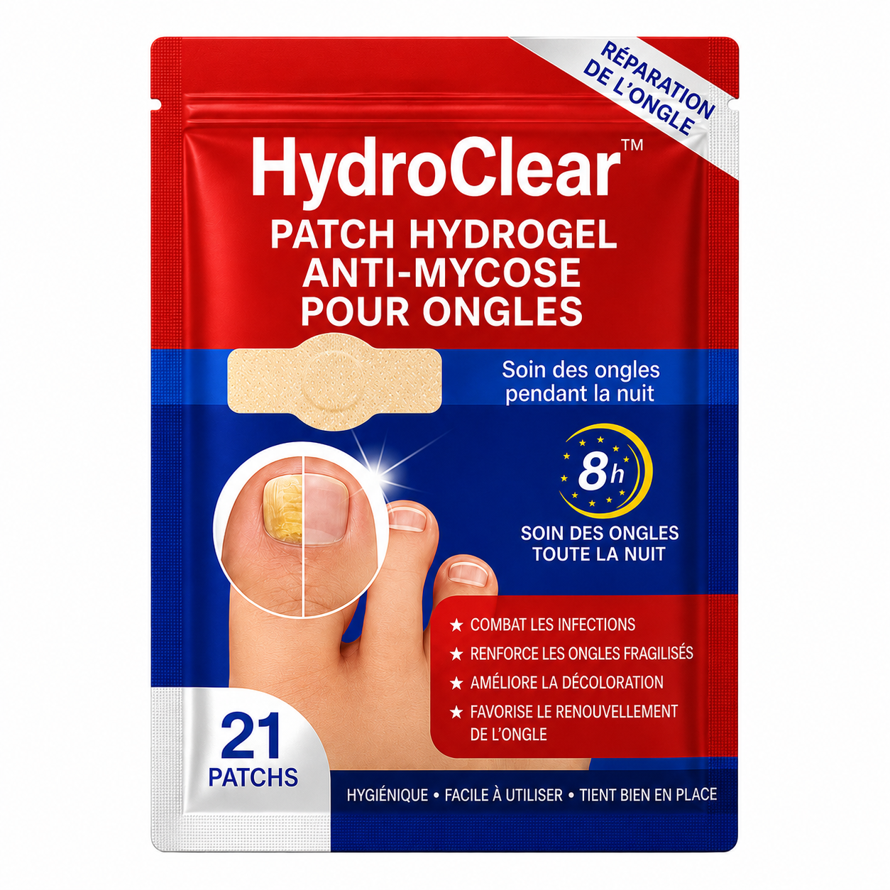 HydroClear™ Patch Hydrogel Anti-Mycose pour Ongles | Effacez l’aspect jaune, épais et abîmé pendant votre sommeil !