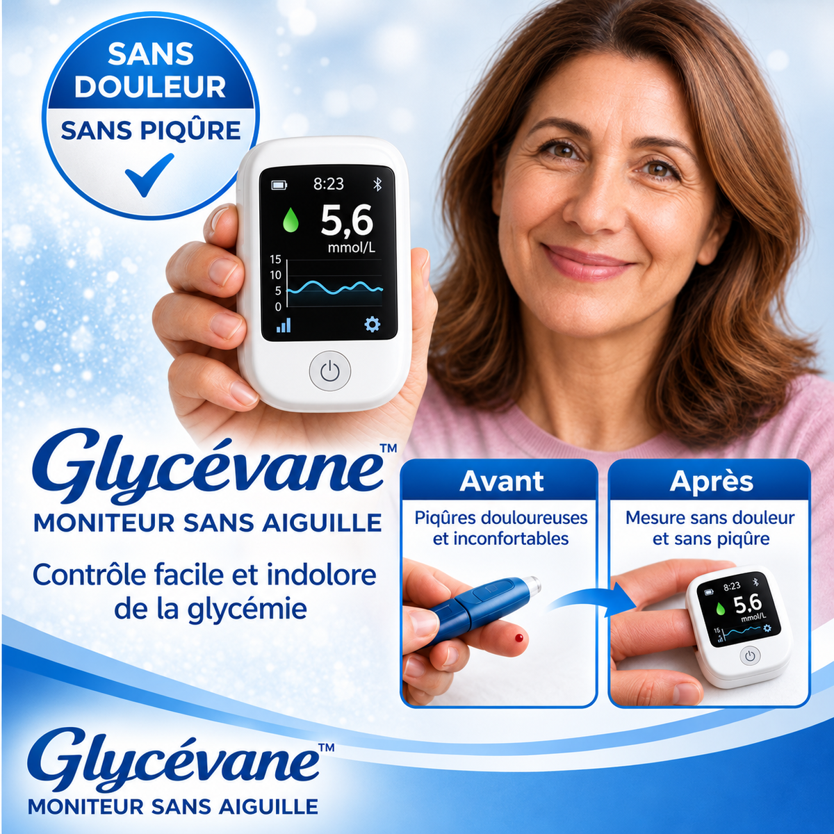 Glycévane™ Moniteur Sans Aiguille | Oubliez les piqûres, posez votre doigt et contrôlez votre glycémie en 5 secondes sans douleur !
