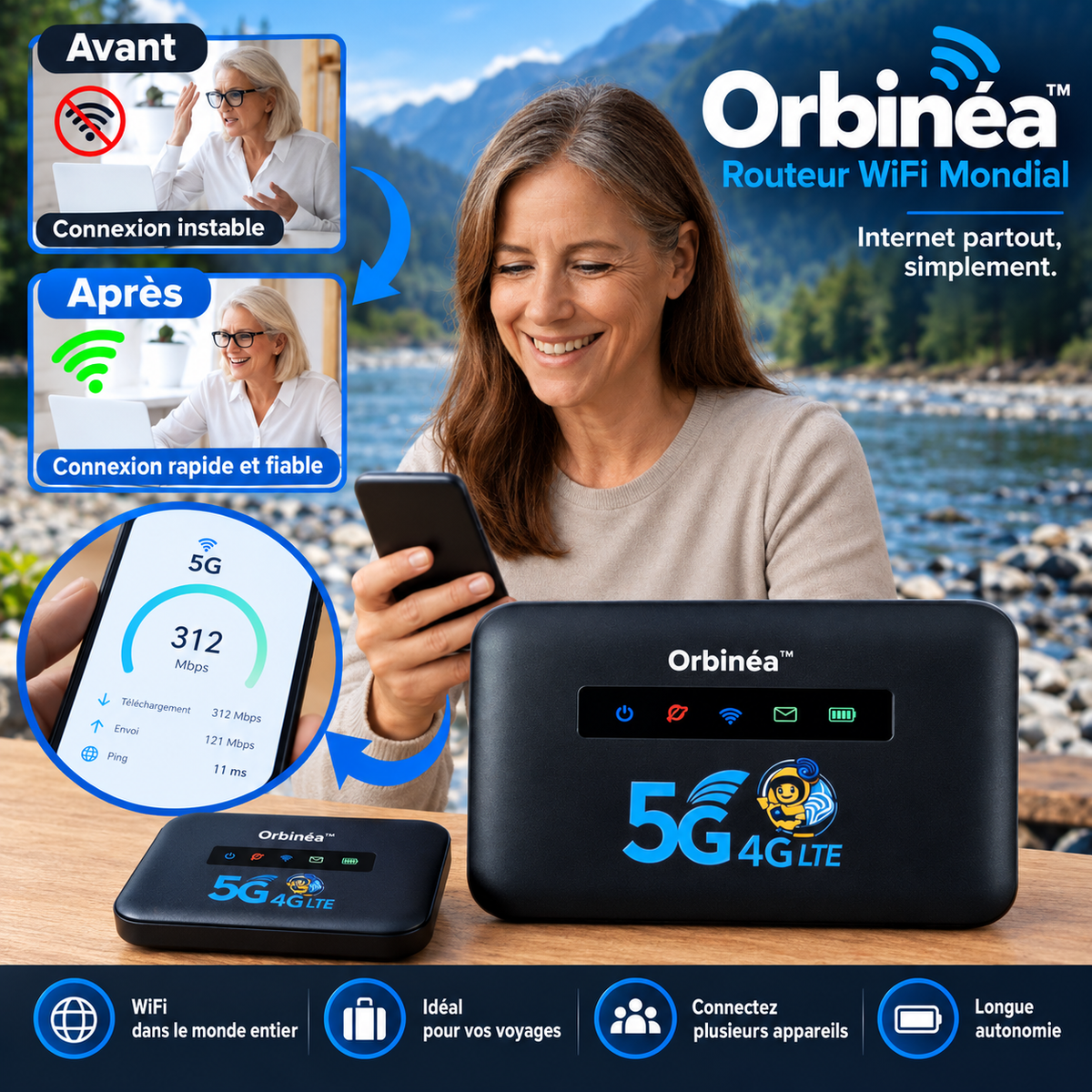 Orbinéa™ Routeur WiFi Mondial | Internet 4G/5G dans 196 pays en 5 secondes chrono, sans surcoût !