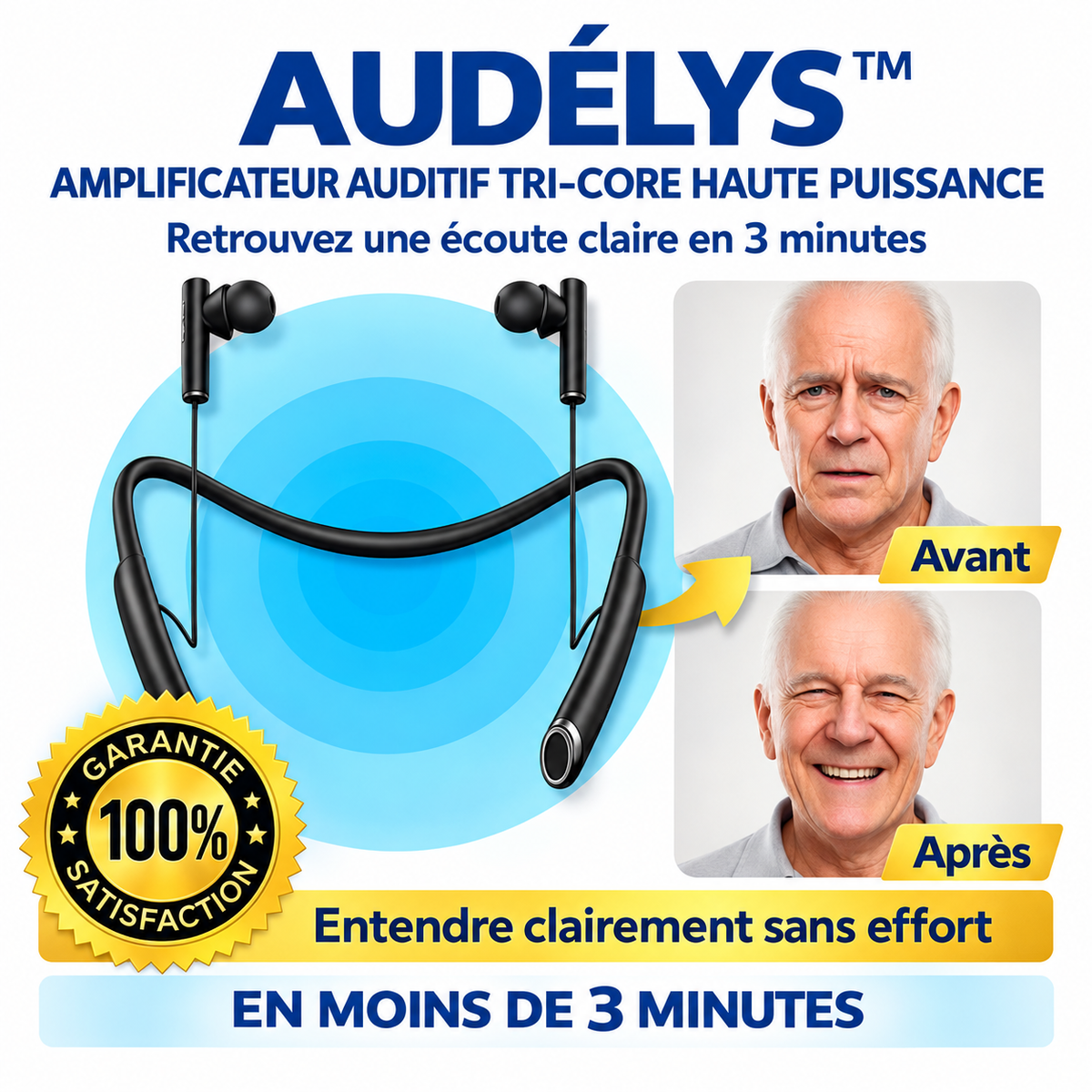 Audélys™ Amplificateur Auditif Tri-Core Haute Puissance | Retrouvez une ouïe nette et précise en 3 minutes !