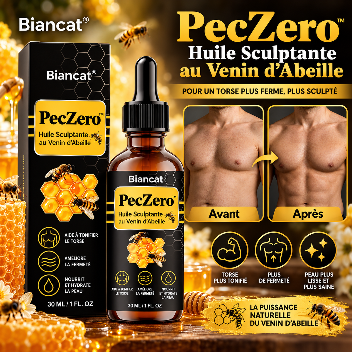 PecZero™ Huile Sculptante au Venin d’Abeille | Torse plus ferme et plus dessiné en 4 à 8 semaines, sans chirurgie !
