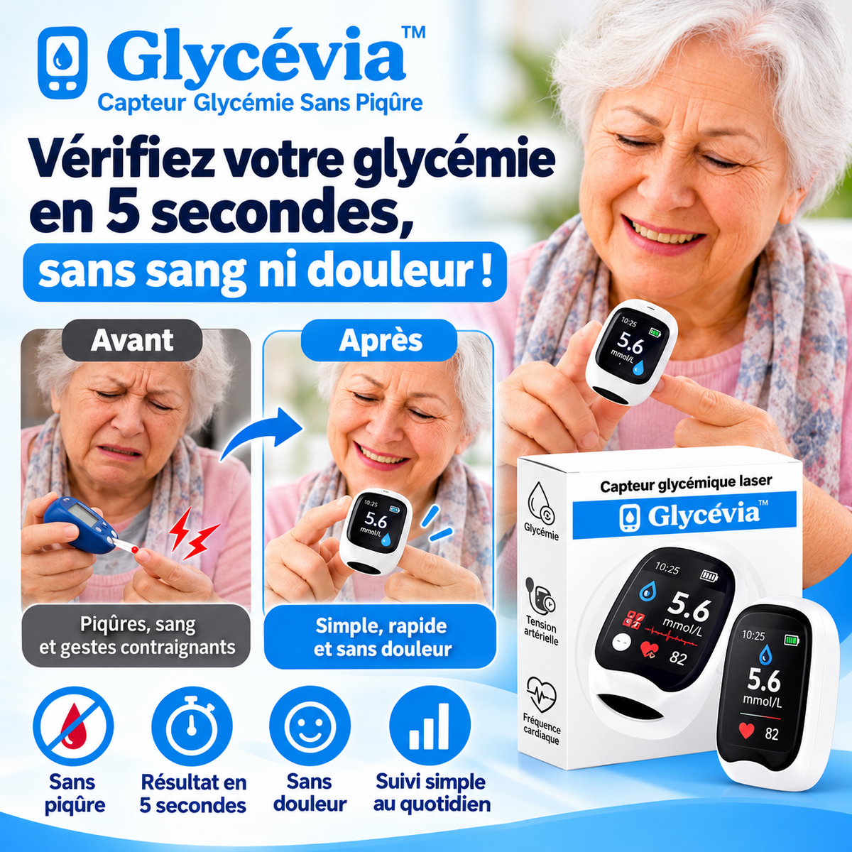 Glycévia™ Capteur Glycémie Sans Piqûre | Vérifiez votre sucre en 5 secondes, sans sang ni douleur !