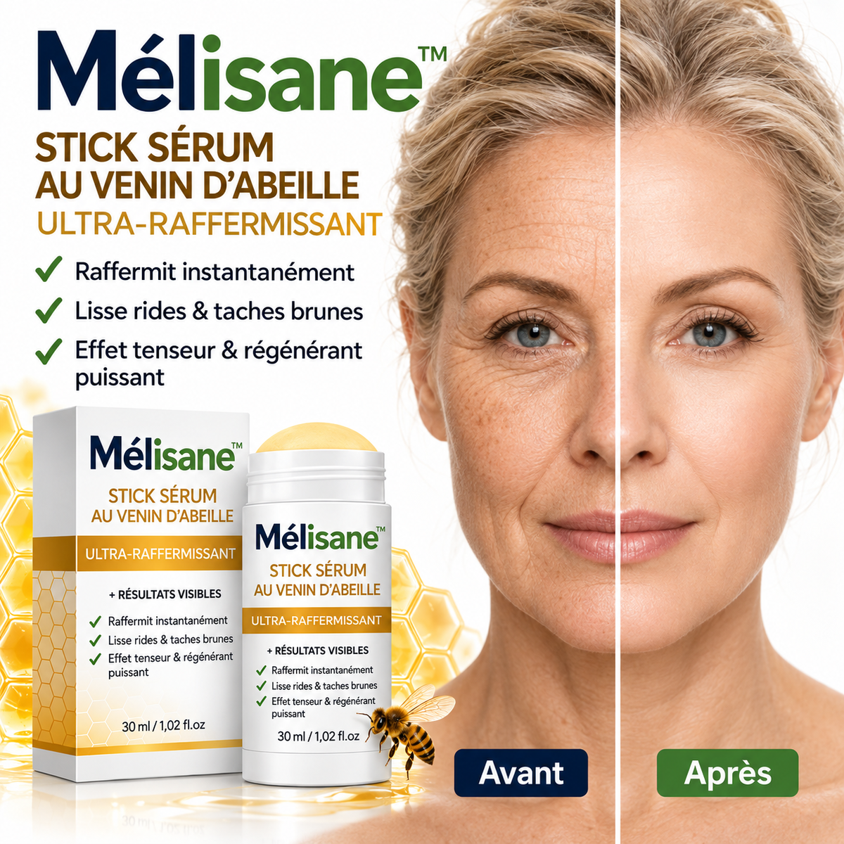 Mélisane™ Stick Sérum au Venin d’Abeille Ultra-Raffermissant | Efface les rides en 5 minutes chrono !