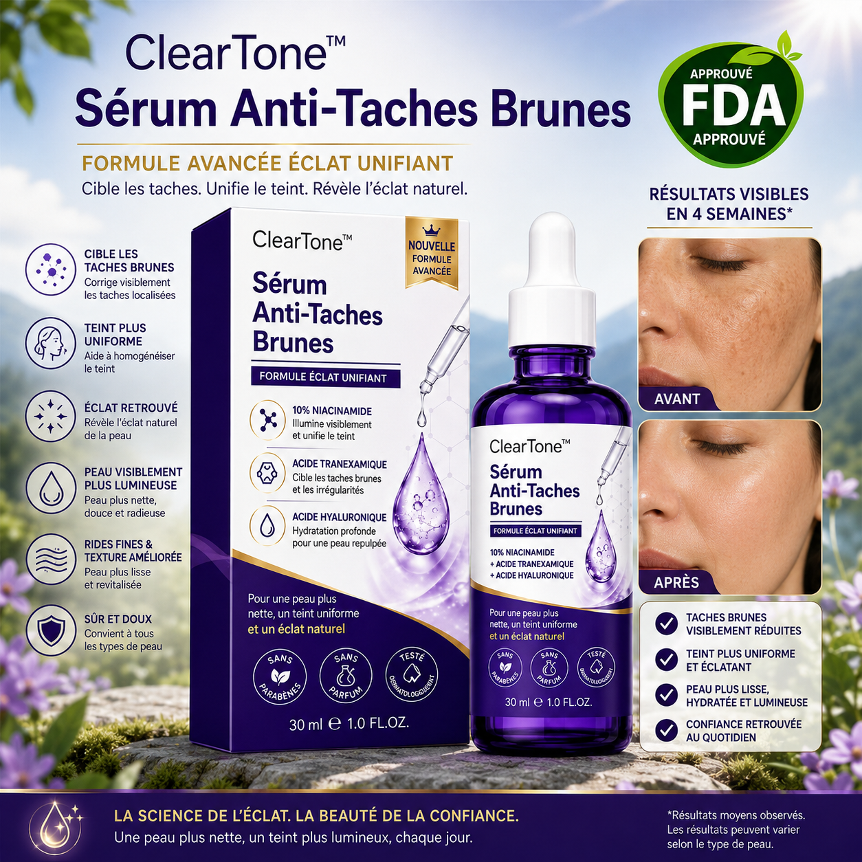 ClearTone™ Sérum Anti-Taches Brunes | Effacez les taches visibles et retrouvez un teint lumineux en quelques semaines !