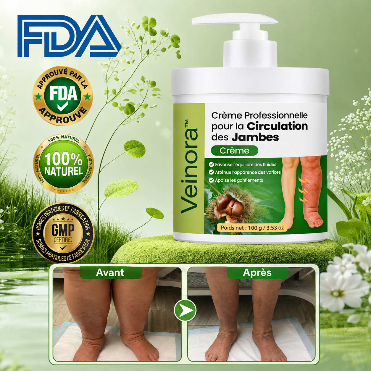 Veinora™ Crème Circulation Jambes Lourdes | Apaisez gonflements, tensions et fatigue en 48h, sans bas de contention ni chirurgie !