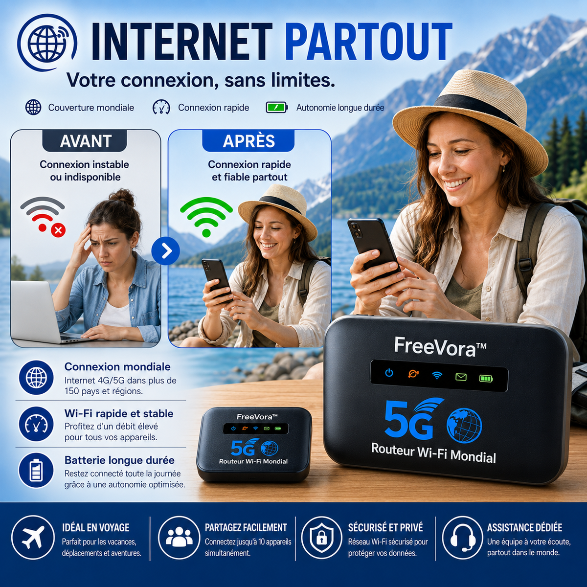 FreeVora™ Routeur Wi-Fi Mondial | Débloquez un internet ultra-rapide dans plus de 150 pays en moins de 5 secondes !
