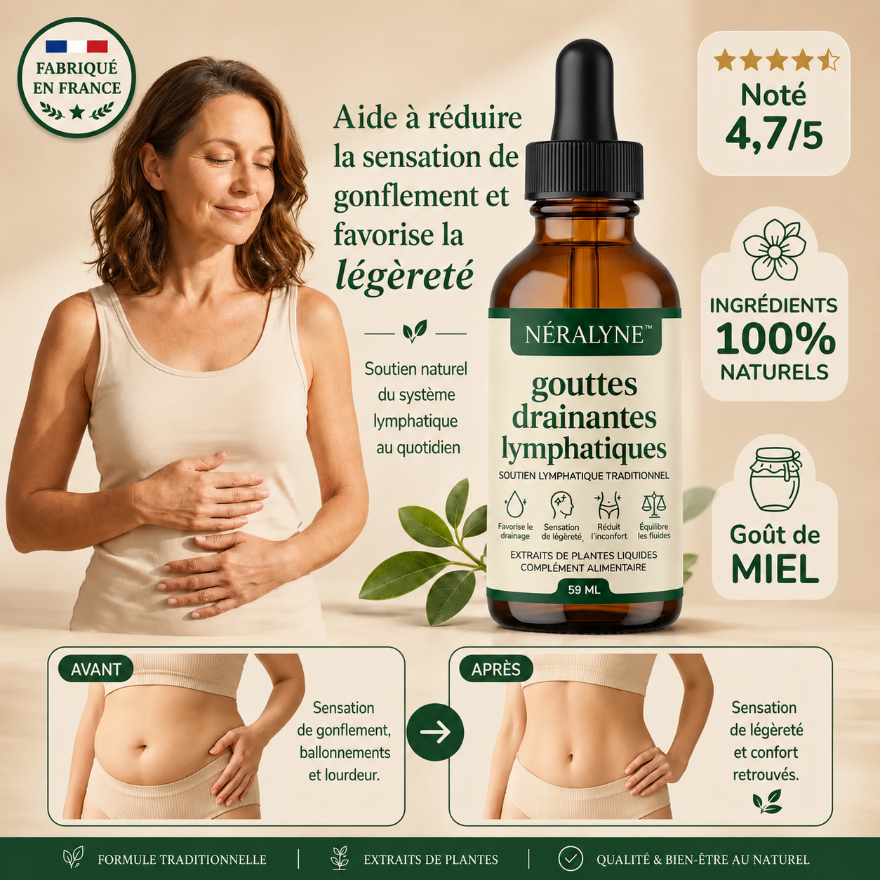 Néralyne™ Gouttes Drainantes Lymphatiques | Dégonflez ventre, jambes et visage en quelques jours en éliminant l’eau piégée sous votre peau !