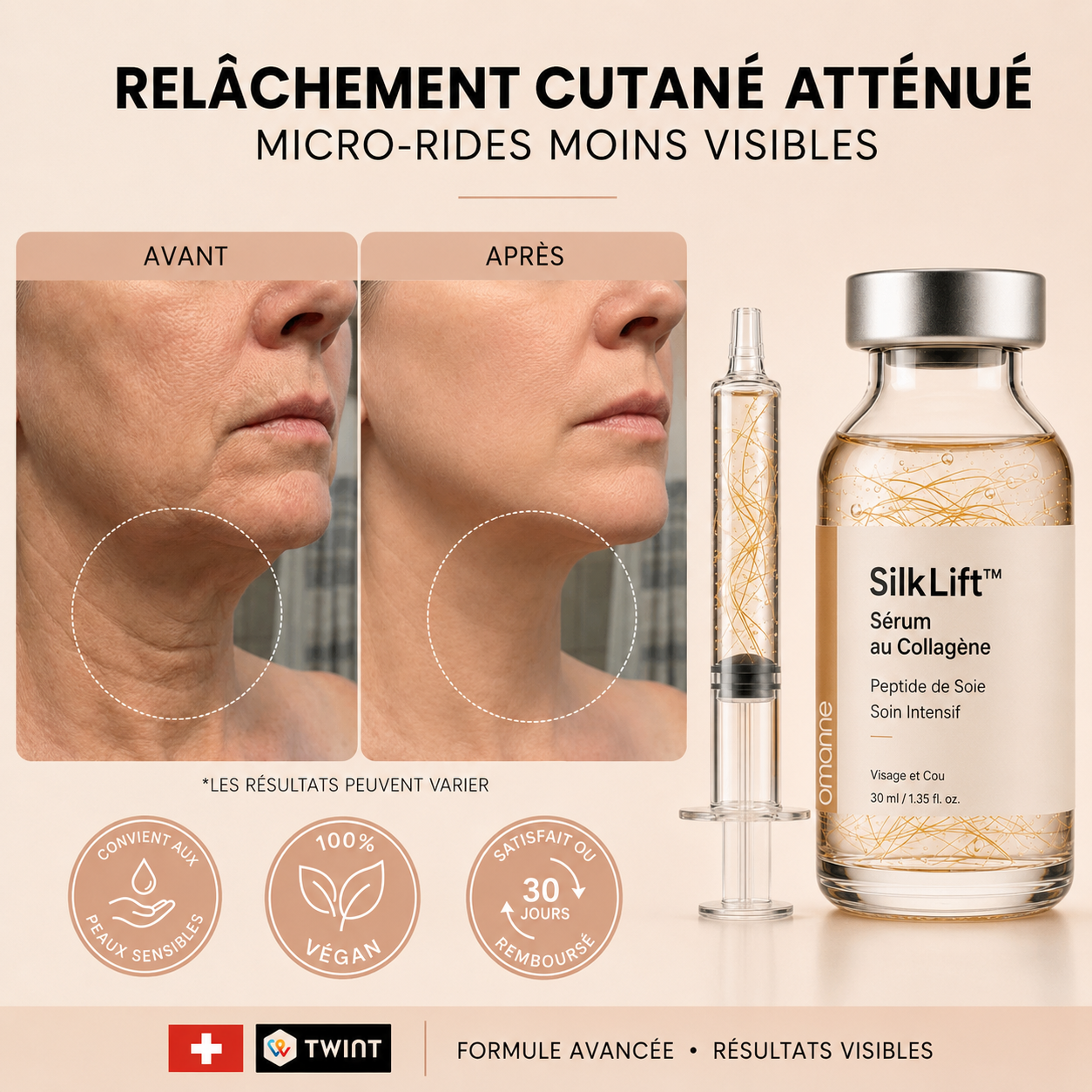 SilkLift™ Sérum Coréen Liftant aux Peptides de Soie | Lissez les rides et retendez votre visage dès la première application !