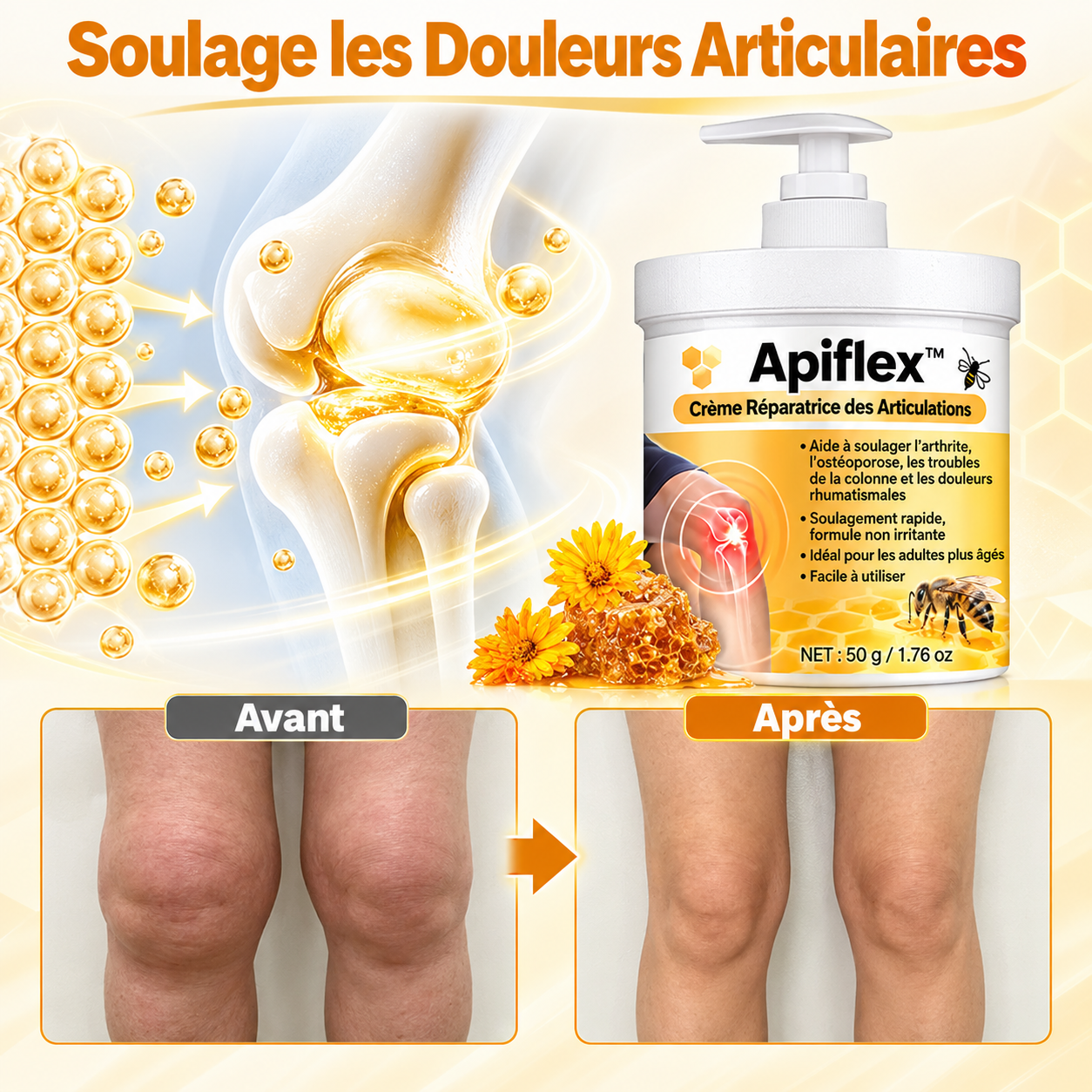 Apiflex™ Crème Articulations au Venin d’Abeille | Soulagez vos douleurs en 4 minutes, sans pilules ni injections !