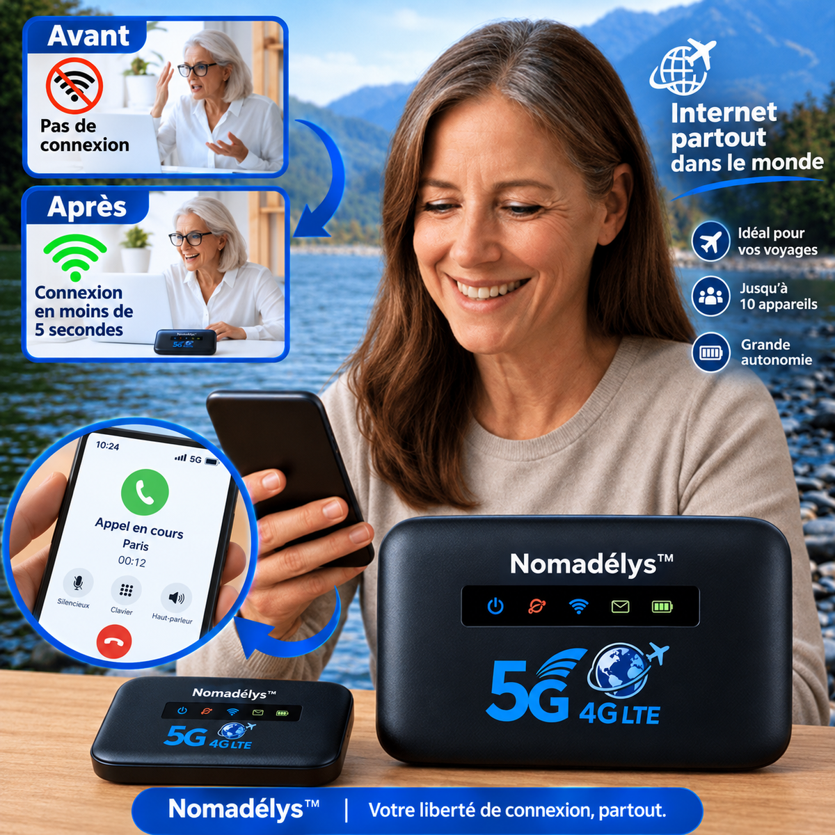 Nomadélys™ Routeur Wi-Fi Mondial | Débloquez un internet ultra-rapide dans plus de 150 pays en moins de 5 secondes !