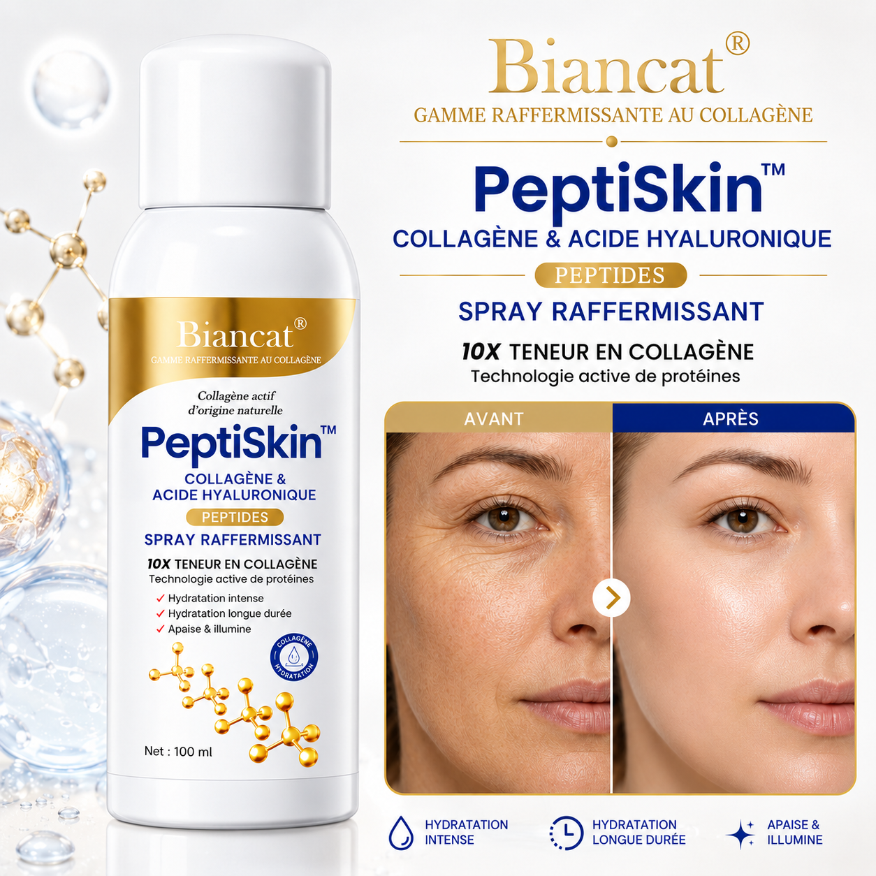 PeptiSkin™ Spray Raffermissant Collagène & Acide Hyaluronique | Repulpez, hydratez et liftez votre peau sans aiguille ni chirurgie !