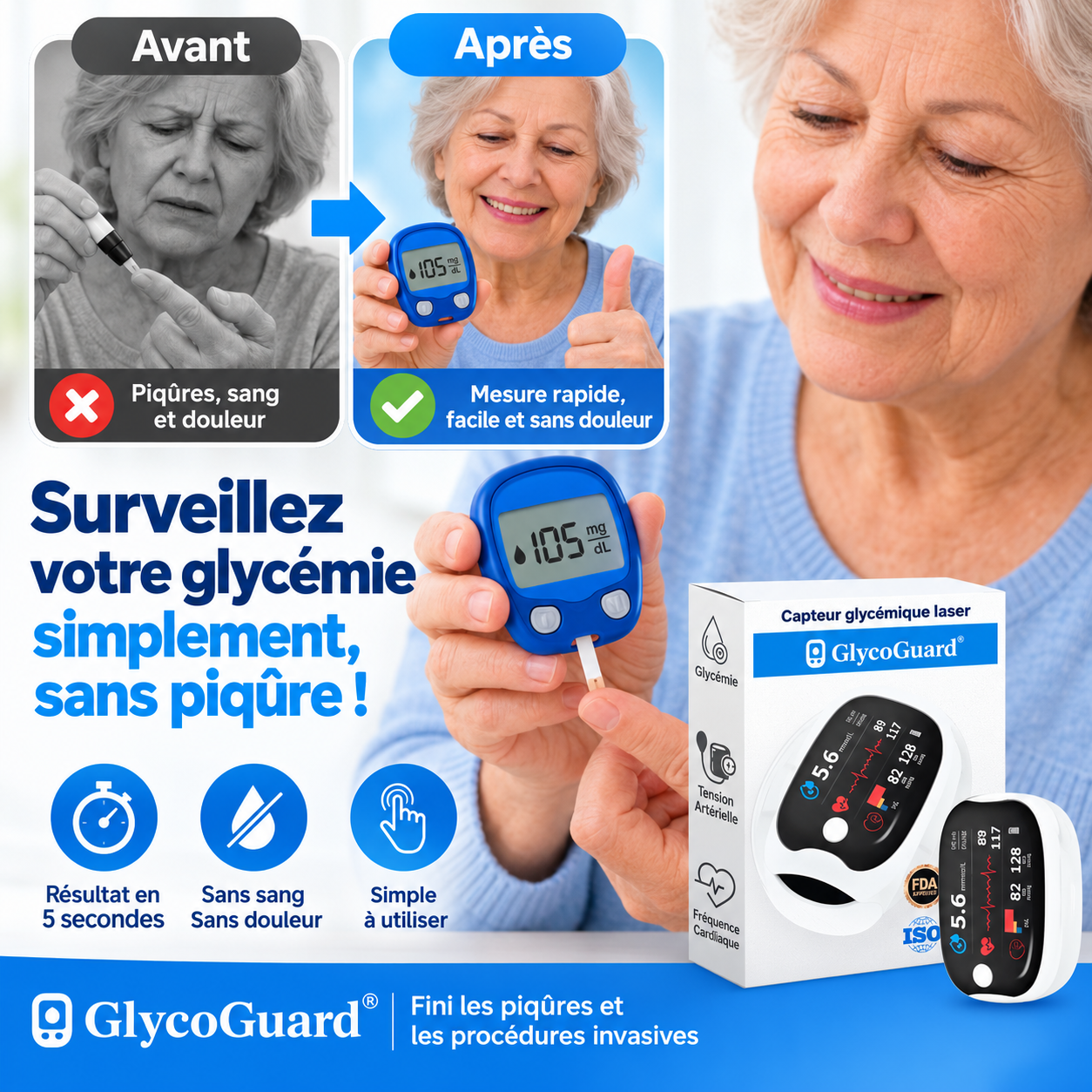 Glycélis™ Capteur Glycémie Sans Piqûre | Vérifiez votre sucre en 5 secondes, sans sang ni douleur !