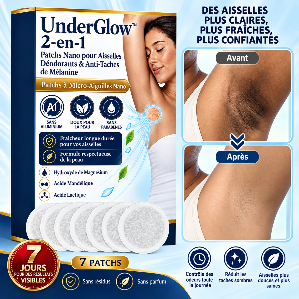 UnderGlow™ Patch Nano Déodorant & Anti-Taches | Neutralisez les odeurs et éclaircissez vos aisselles dès les premières nuits !