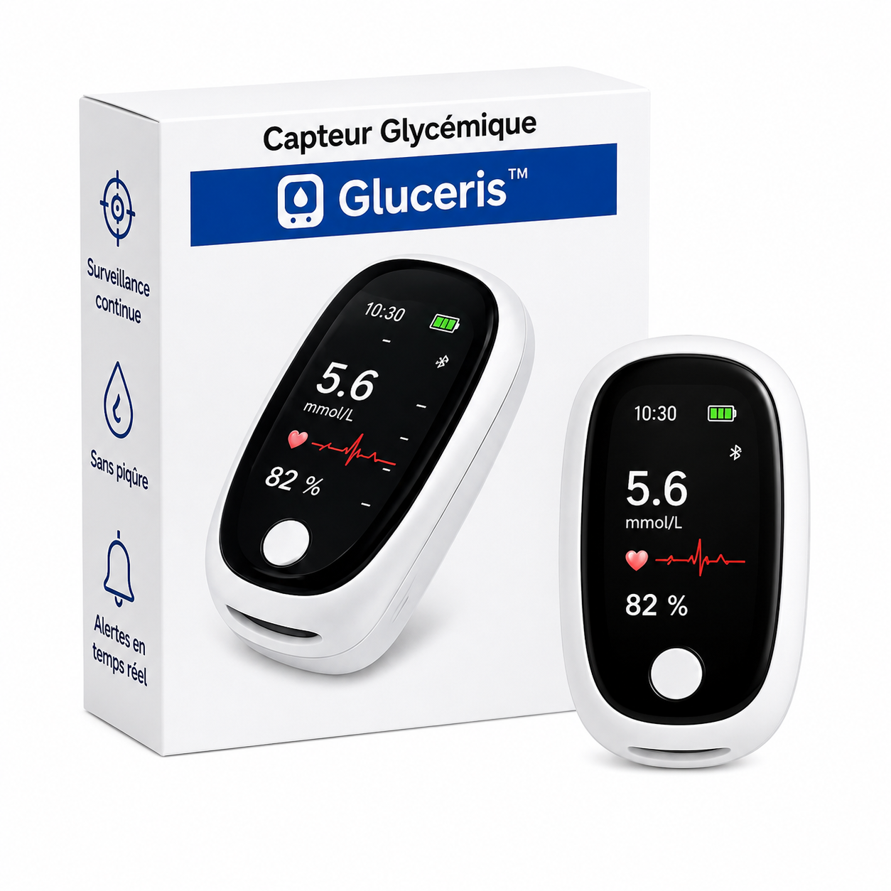 Gluceris™ Capteur Glycémique | Contrôlez votre glycémie en 5 secondes, sans piqûres, sans douleur !