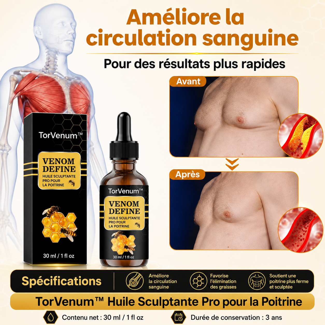 TorVenum™ Huile Sculptante au Venin d’Abeille | Raffermissez votre torse et retrouvez un buste plus viril dès les premières applications !