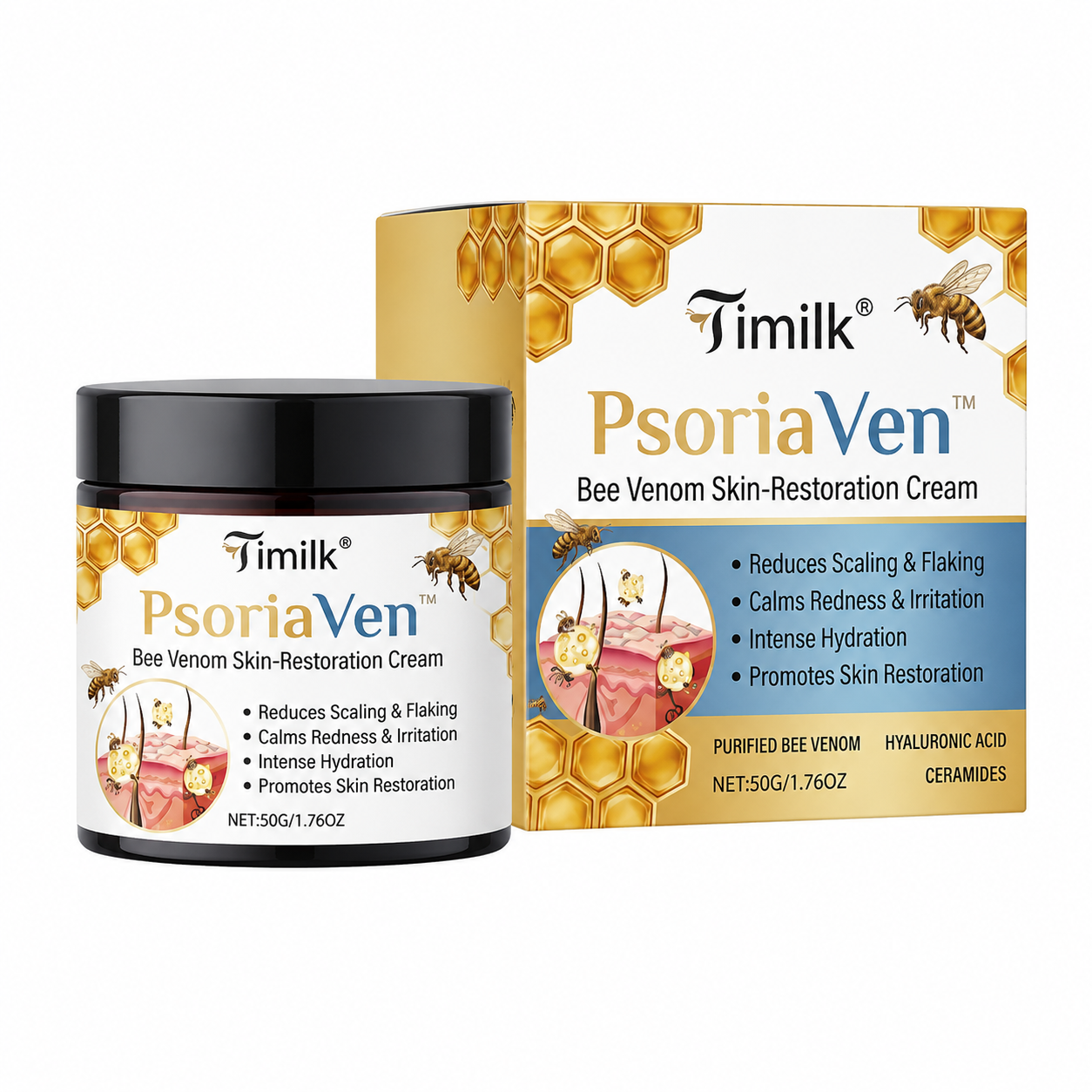 PsoriaVen™ Crème Réparatrice au Venin d’Abeille | Apaise les démangeaisons et calme les plaques dès la première application !