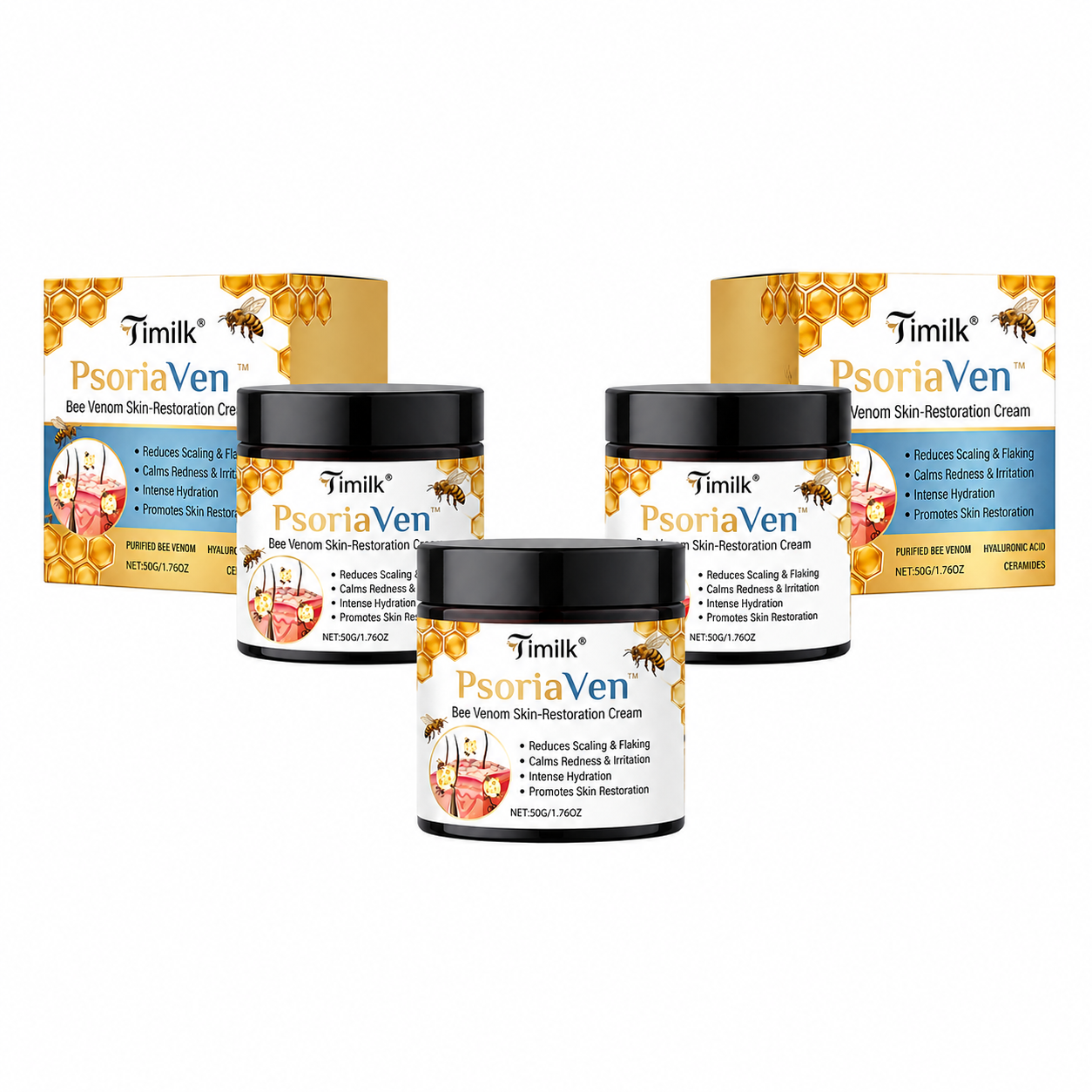 PsoriaVen™ Crème Réparatrice au Venin d’Abeille | Apaise les démangeaisons et calme les plaques dès la première application !