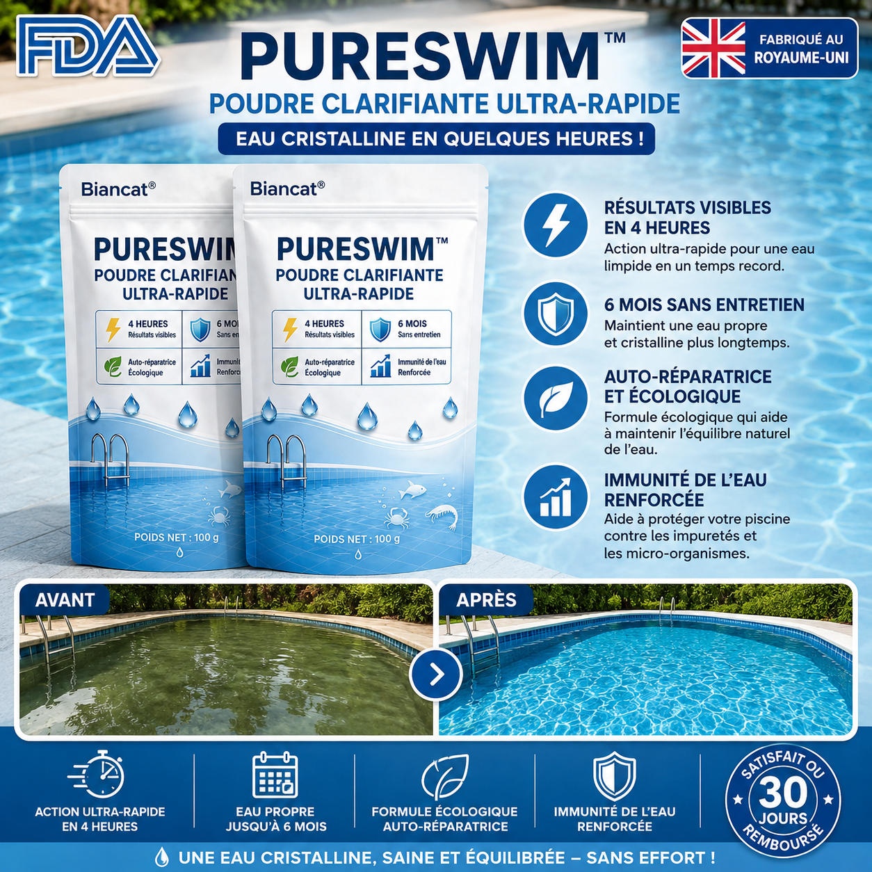 PureSwim™ Poudre Clarifiante Ultra-Rapide | Retrouvez une piscine 100% transparente et propre dès la première nuit !