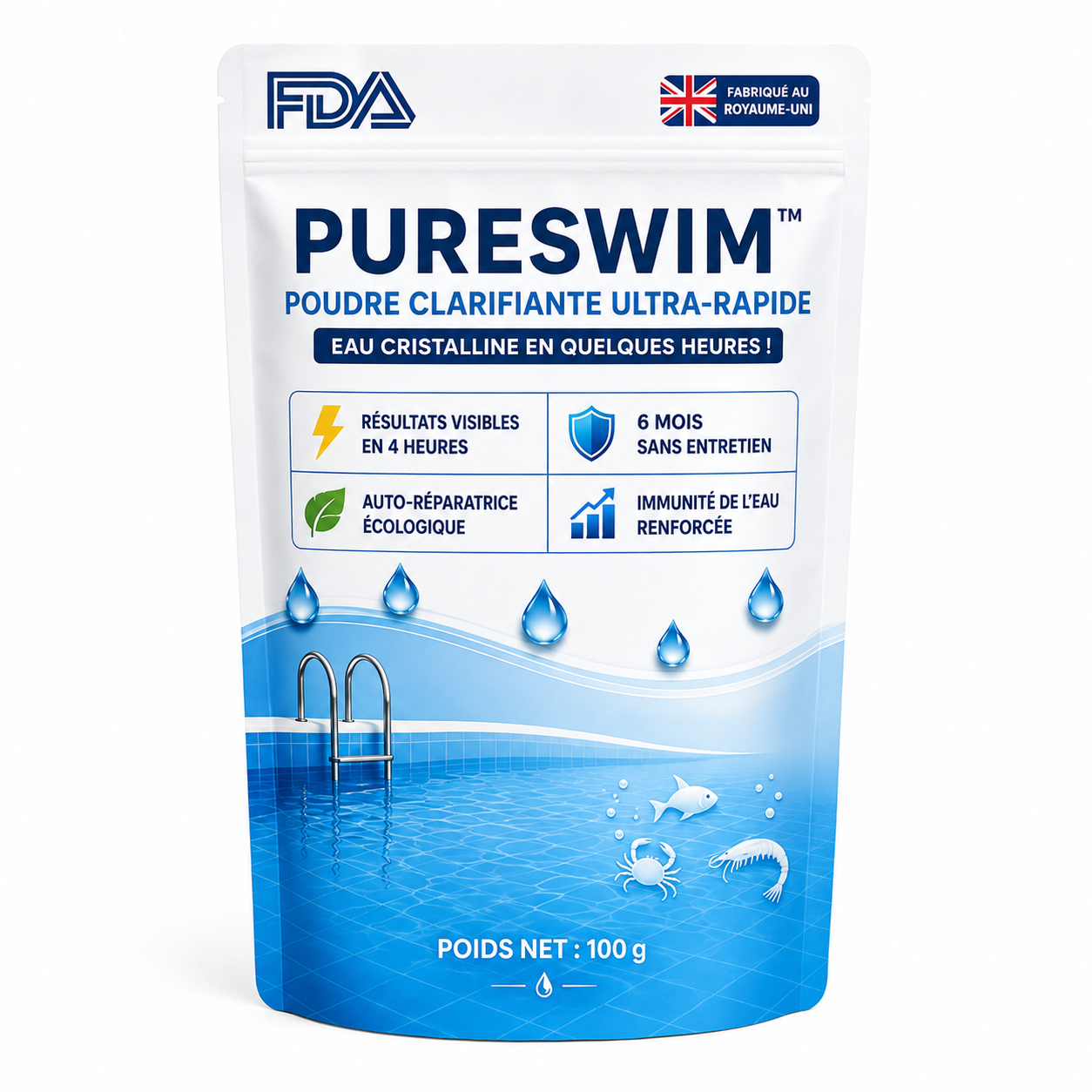 PureSwim™ Poudre Clarifiante Ultra-Rapide | Retrouvez une piscine 100% transparente et propre dès la première nuit !