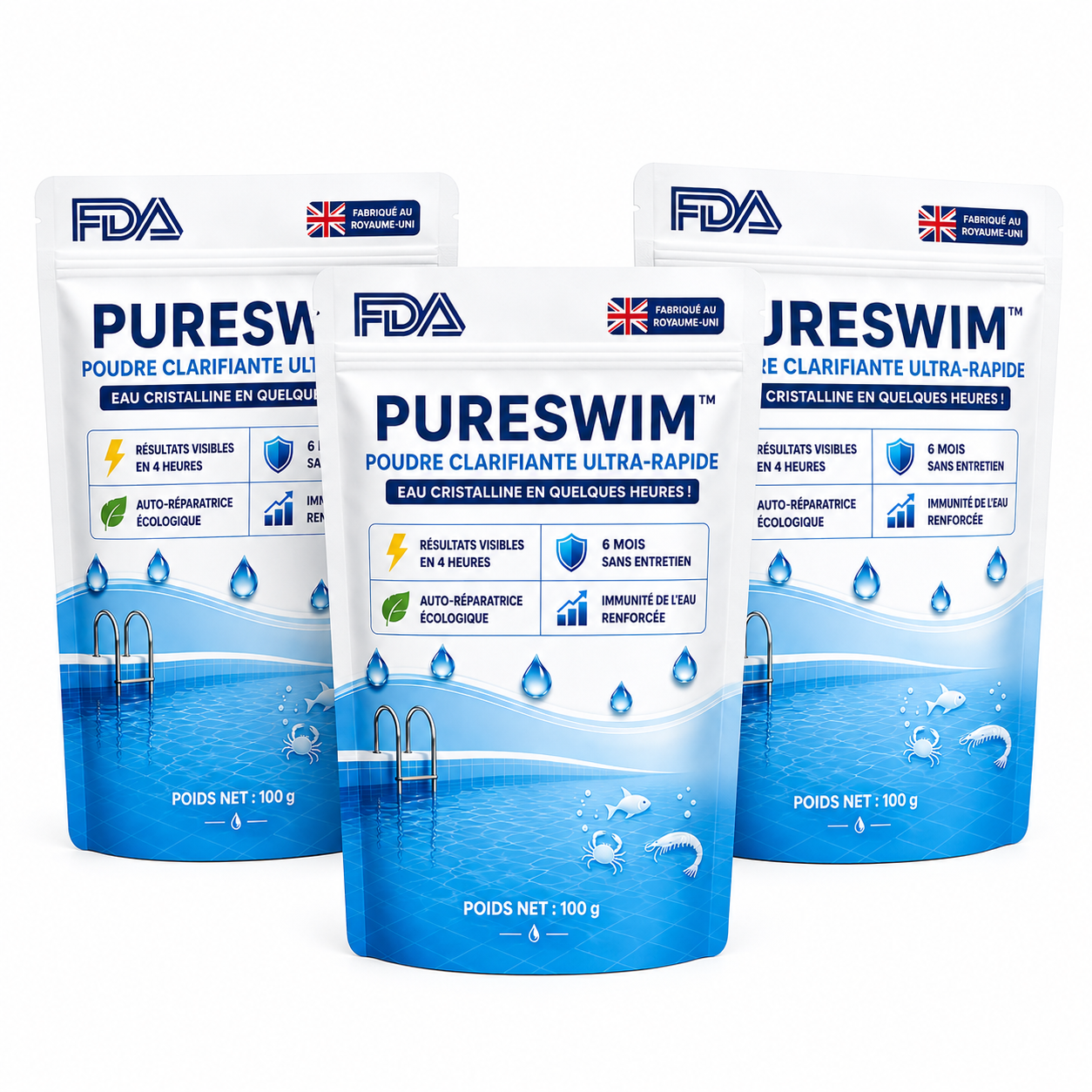 PureSwim™ Poudre Clarifiante Ultra-Rapide | Retrouvez une piscine 100% transparente et propre dès la première nuit !