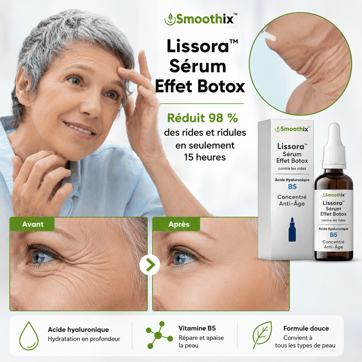 Lissora™ Sérum Effet Botox | Réduit 98 % des rides et ridules en seulement 15 heures !