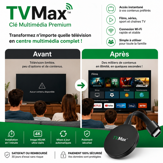 TVMax™ Clé Multimédia Premium | Accédez instantanément à la TV, aux films et au sport en illimité !