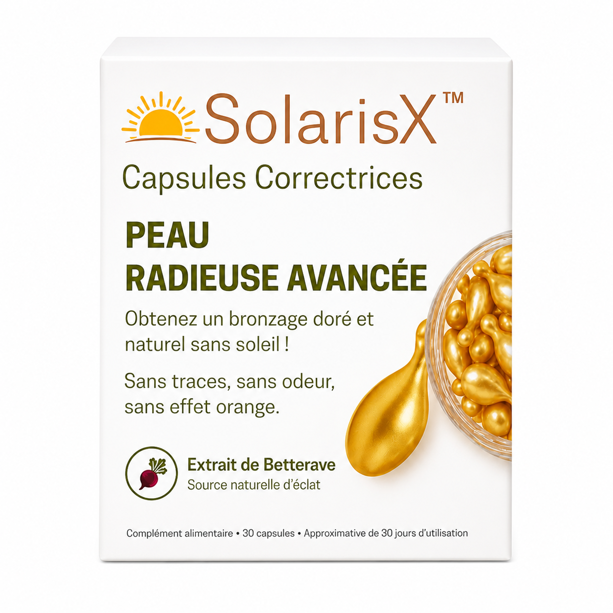 SolarisX™ Capsules Bronzage Naturel | Obtenez un bronzage doré et uniforme en seulement 5 jours !
