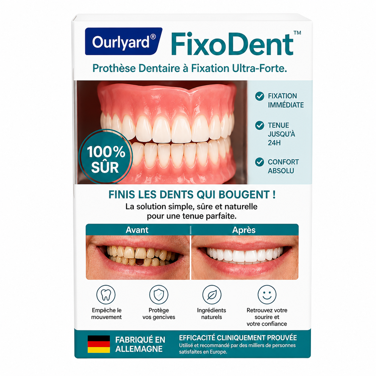 FixoDent™ Prothèse Dentaire à Fixation Ultra-Forte | Tient en place toute la journée sans colle!