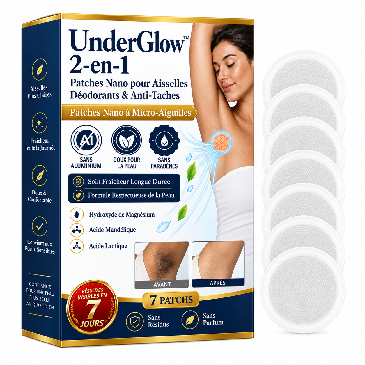 UnderGlow™ Patch Nano Déodorant & Anti-Taches | Neutralisez les odeurs et éclaircissez vos aisselles dès les premières nuits !