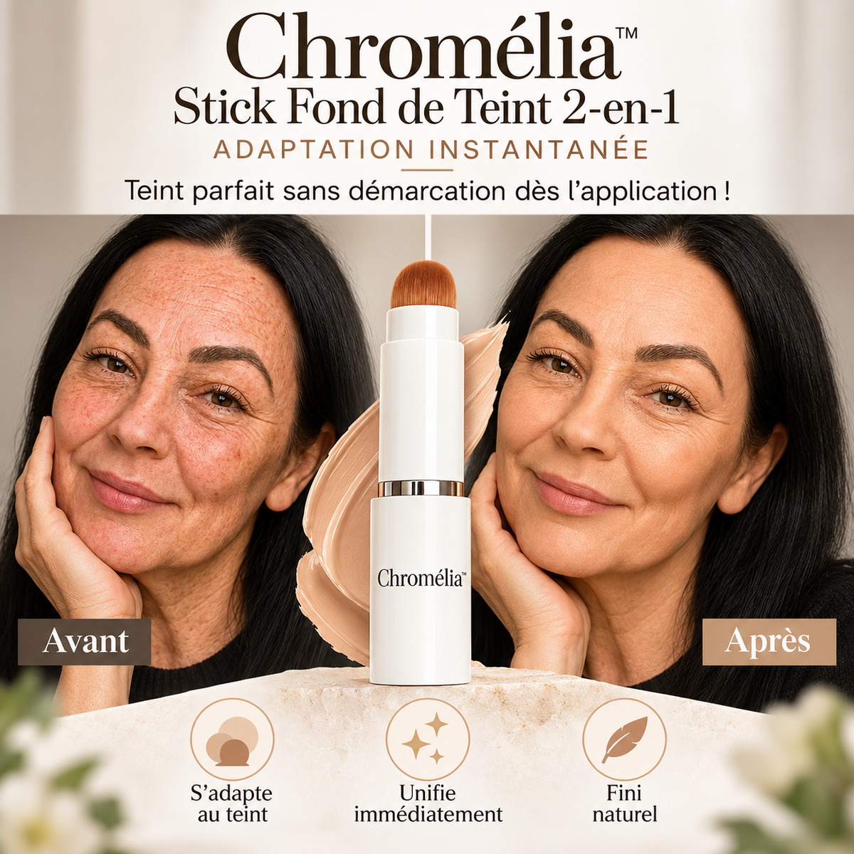 Chromélia™ Stick Fond de Teint 2‑en‑1 Adaptation Instantanée | Teint parfait sans démarcation dès l’application!