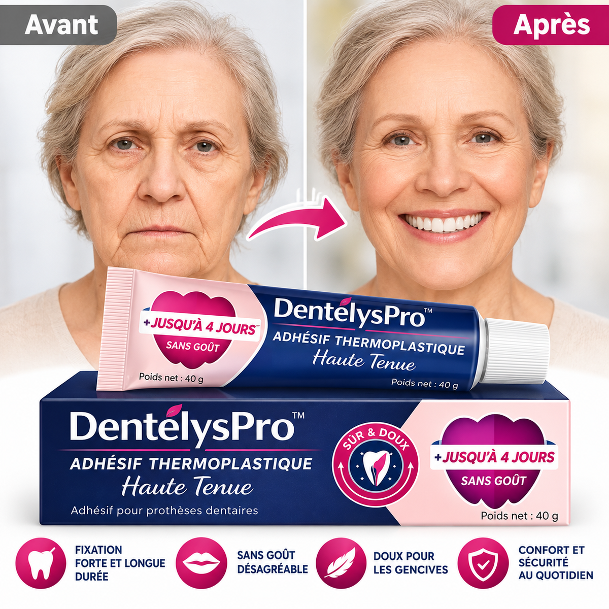 DentélysPro™ Adhésif Thermoplastique Haute Tenue | Fixe instantanément votre prothèse, stoppe les mouvements gênants en 3 minutes !
