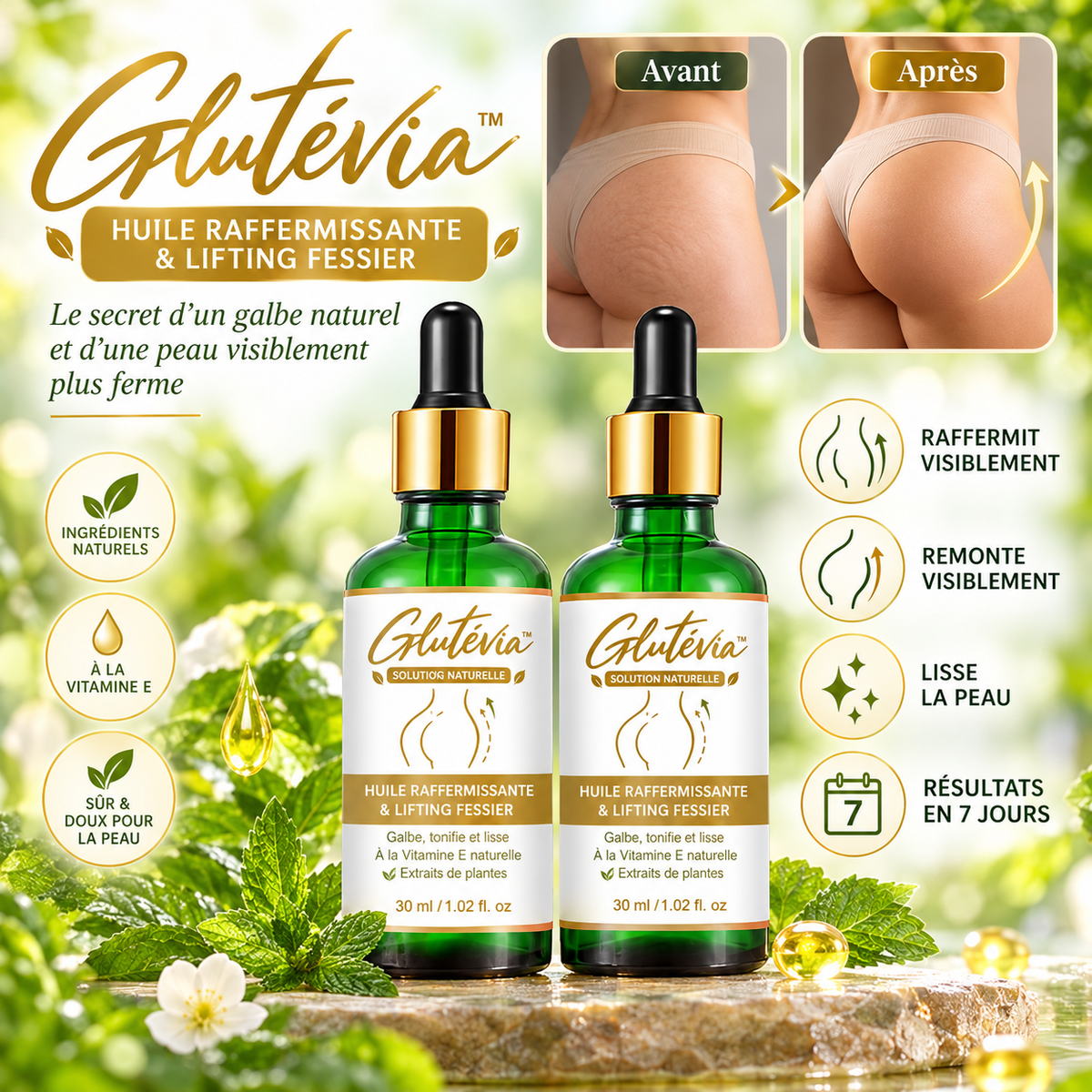 Glutévia™ Huile Raffermissante & Lifting Fessier | Des fesses fermes et remontées en 7 jours !