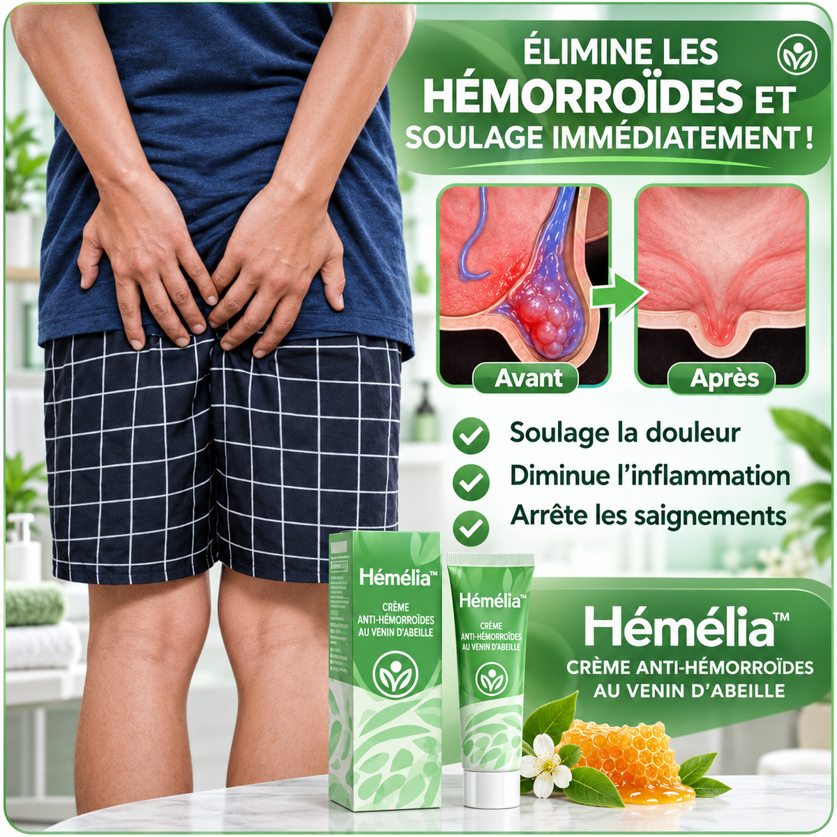 Hémélia™ Crème Anti-Hémorroïdes au Venin d’Abeille | Faites disparaître vos hémorroïdes dès la première application !