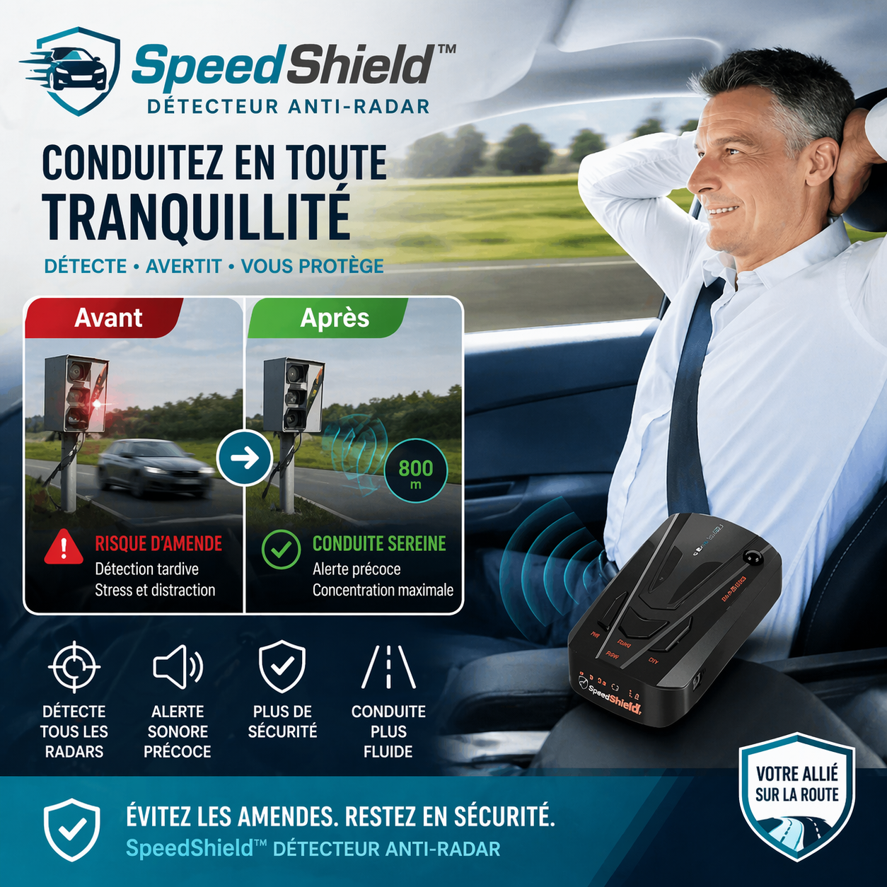 SpeedShield™ Détecteur Anti-Radar | Anticipez les radars et protégez votre permis !