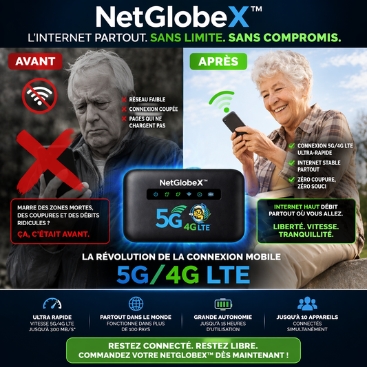 NetGlobeX™ Routeur WiFi Mondial | Internet 4G/5G dans 196 pays en 5 secondes chrono, sans surcoût !